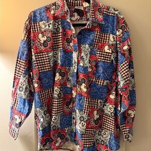 Vintage Disney Red and Blue Patchwork Button Down Shirt